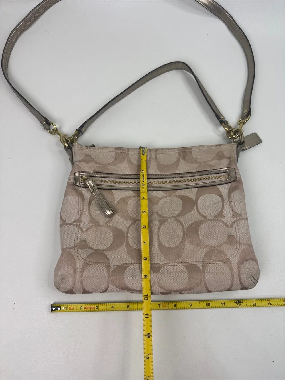 Coach Signature C Canvas Crossbody Bag Beige Gold Leather Trim Coral lined